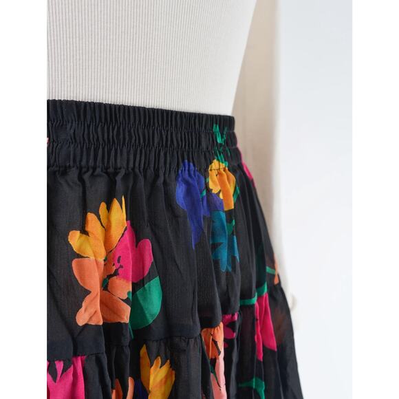 Vintage 90s Black Floral Tiered Peasant Boho Semi Sheer Full Mini Skirt XS S - Picture 5 of 7